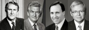 Portrait photos of Malcolm Fraser, Bob Hawke, Paul Keating and Kevin Rudd